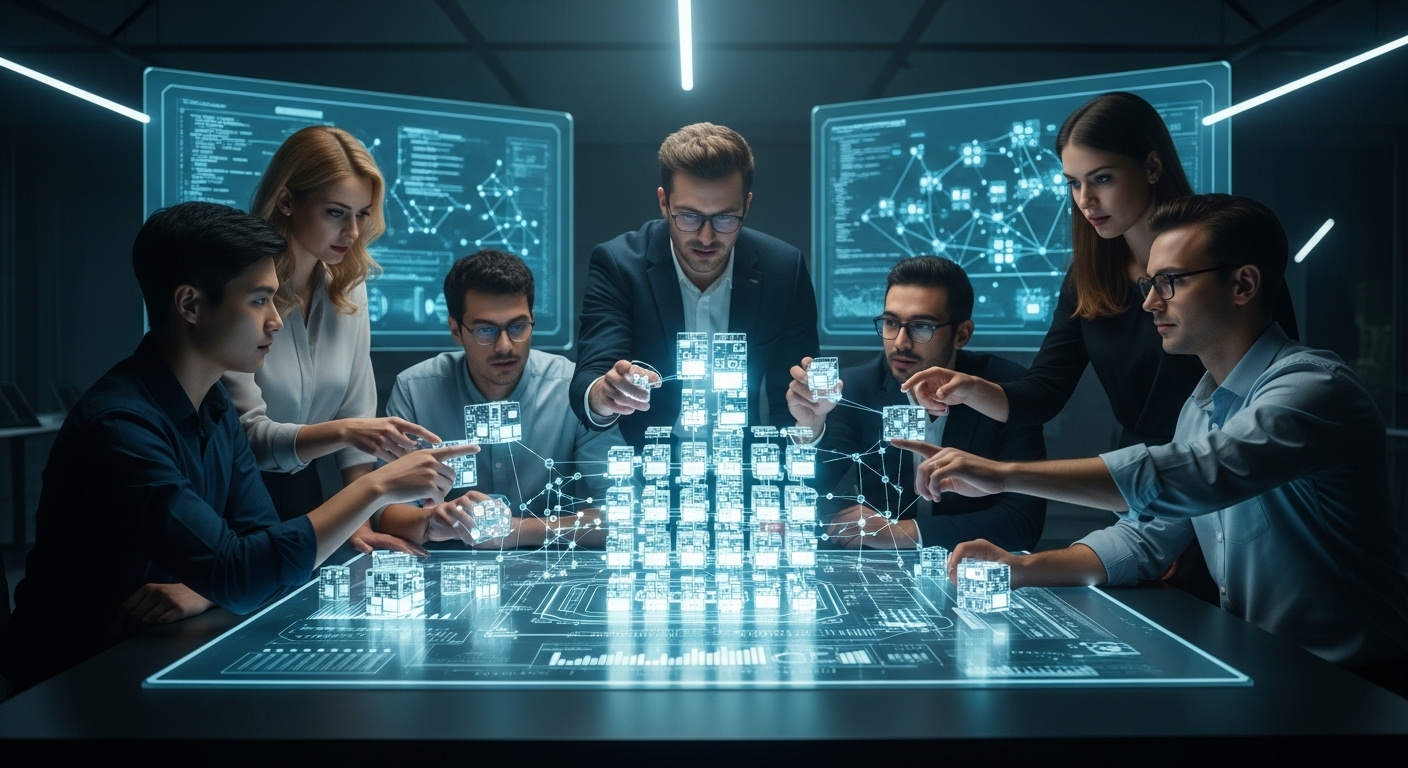 엔지니어 팀이 홀로그램 설계도를 보며 AI 사이버보안 전략을 구축하는 이미지