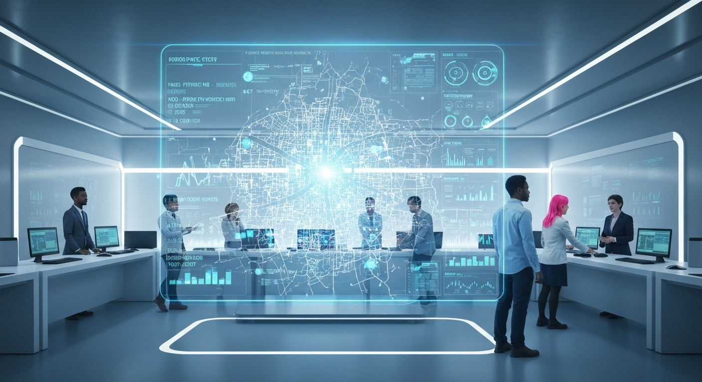 AI가 도시 데이터를 분석하여 교통 및 에너지를 최적화하는 스마트시티 관제 센터의 모습