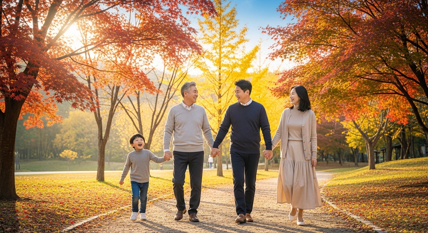 독감 예방접종 후 가을 공원에서 함께 산책하며 행복하게 웃는 삼대 가족