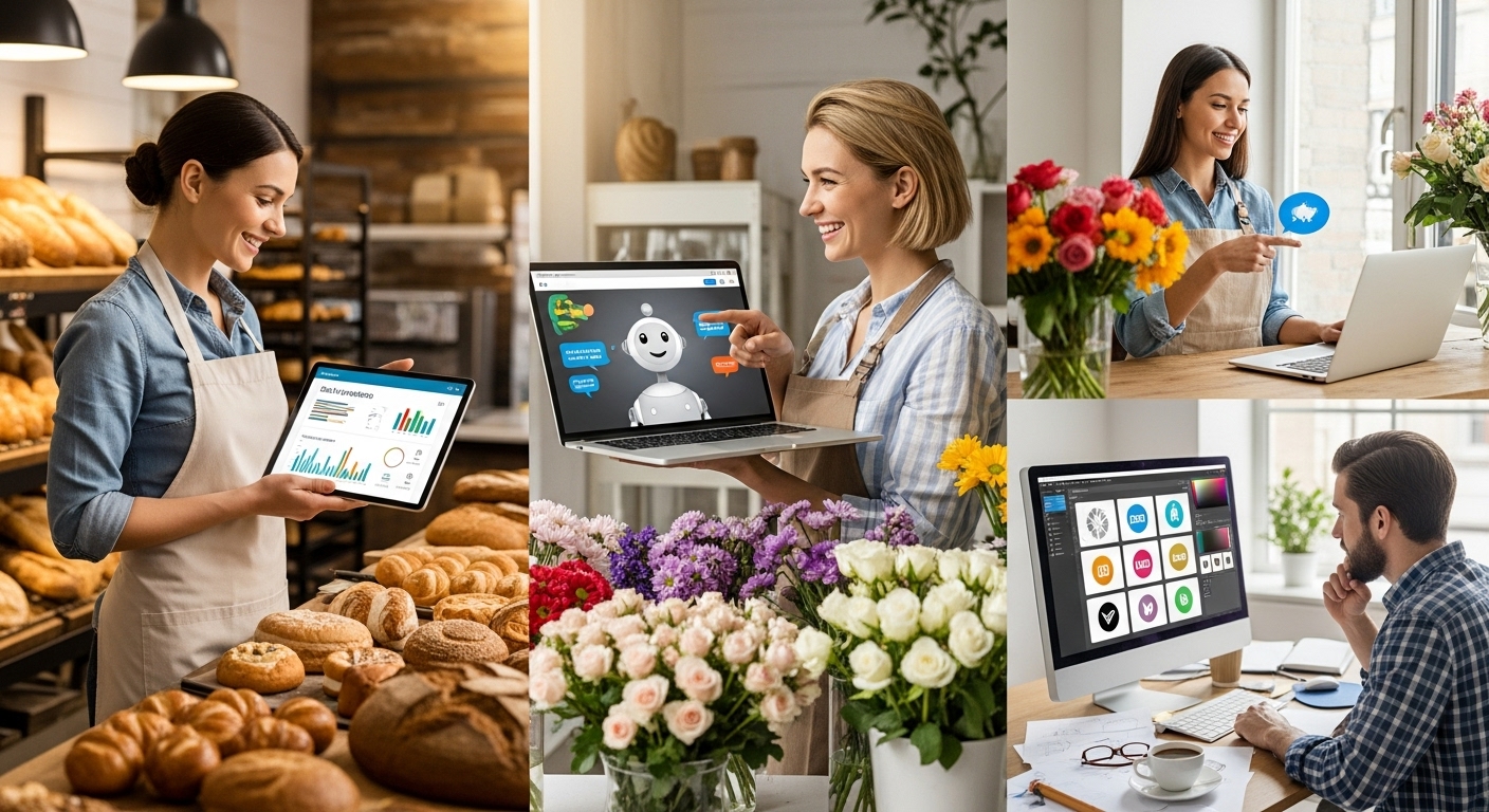 AI 기술을 도입하여 성공적으로 운영되고 있는 다양한 소상공인 매장들의 활기찬 모습