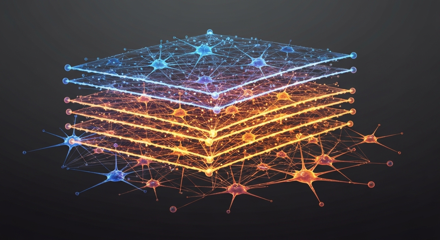 딥러닝 인공신경망의 다층 구조와 특징 학습 과정을 시각화한 이미지