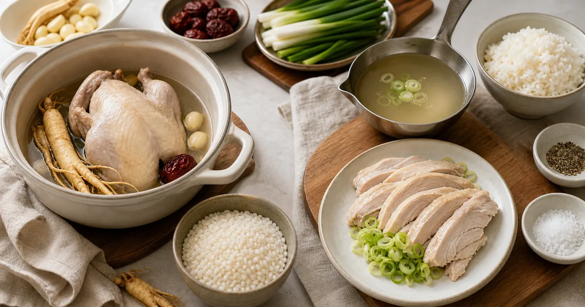 삼계탕 재료와 닭곰탕 육수 재료를 나란히 놓고 비교한 한식 조리 상차림