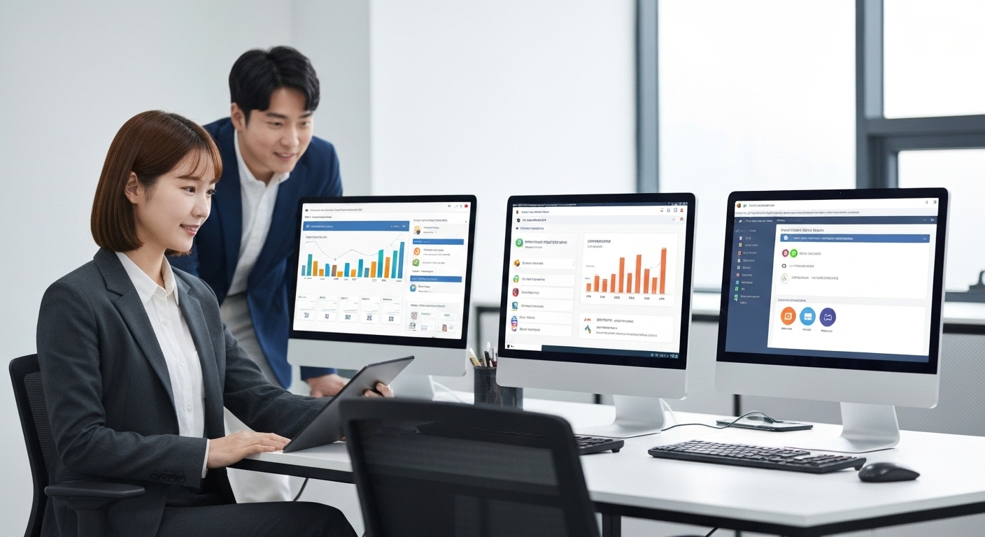 ERP와 그룹웨어가 연동된 협업 환경에서 일하는 한국 직원들