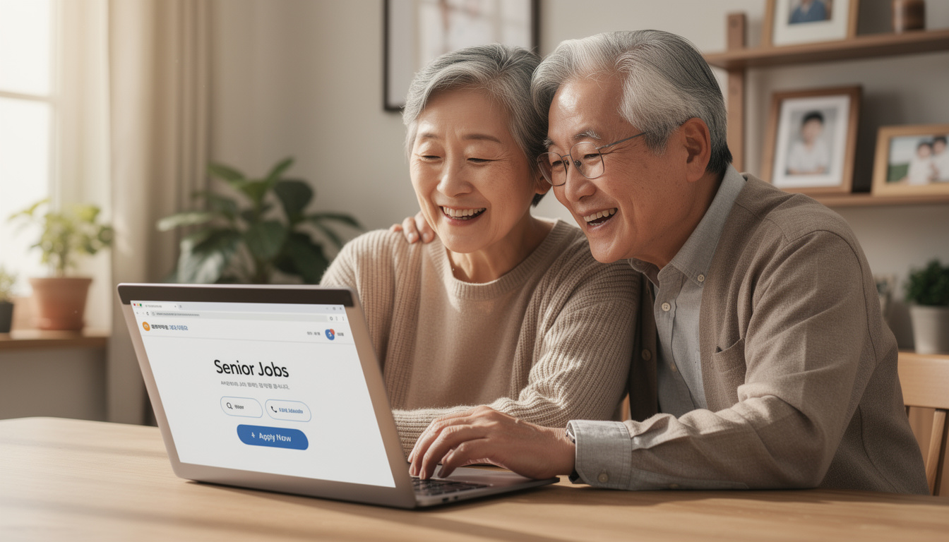 활기찬 60대 한국 시니어 부부가 집에서 노트북으로 시니어 취업 사이트를 탐색하는 모습