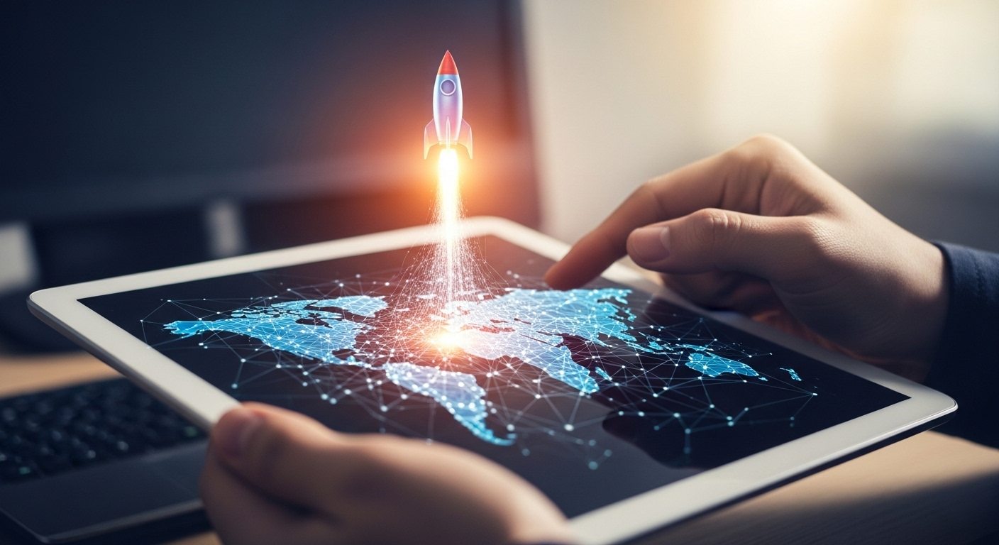 태블릿에서 자신의 아이디어를 상징하는 디지털 로켓을 발사하는 손