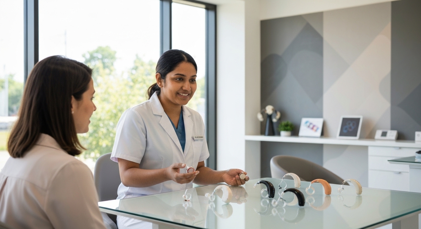 보청기 전문점에서 다양한 보청기를 살펴보는 고객과 상담 직원의 모습.