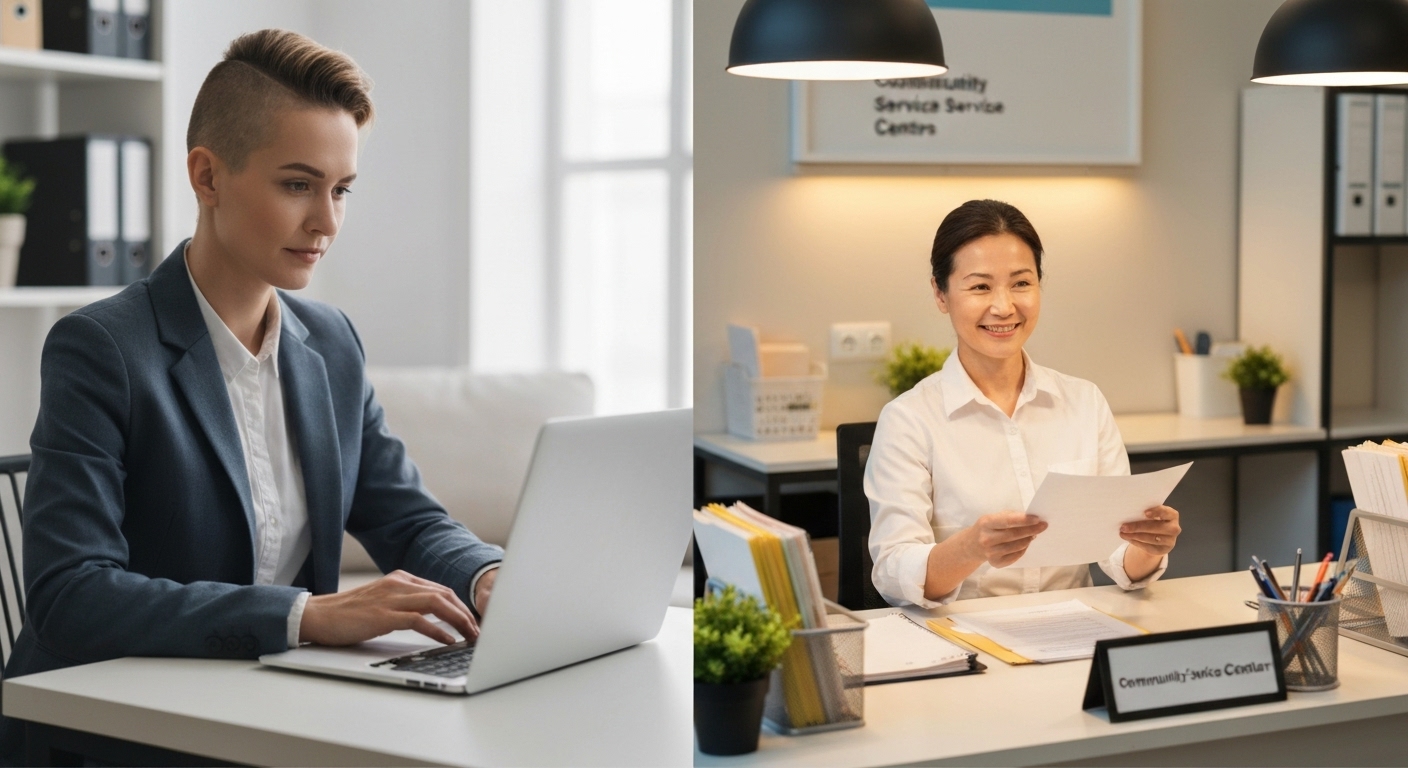 노트북으로 온라인 신청을 하거나 주민센터에서 오프라인 신청을 하는 사람의 모습