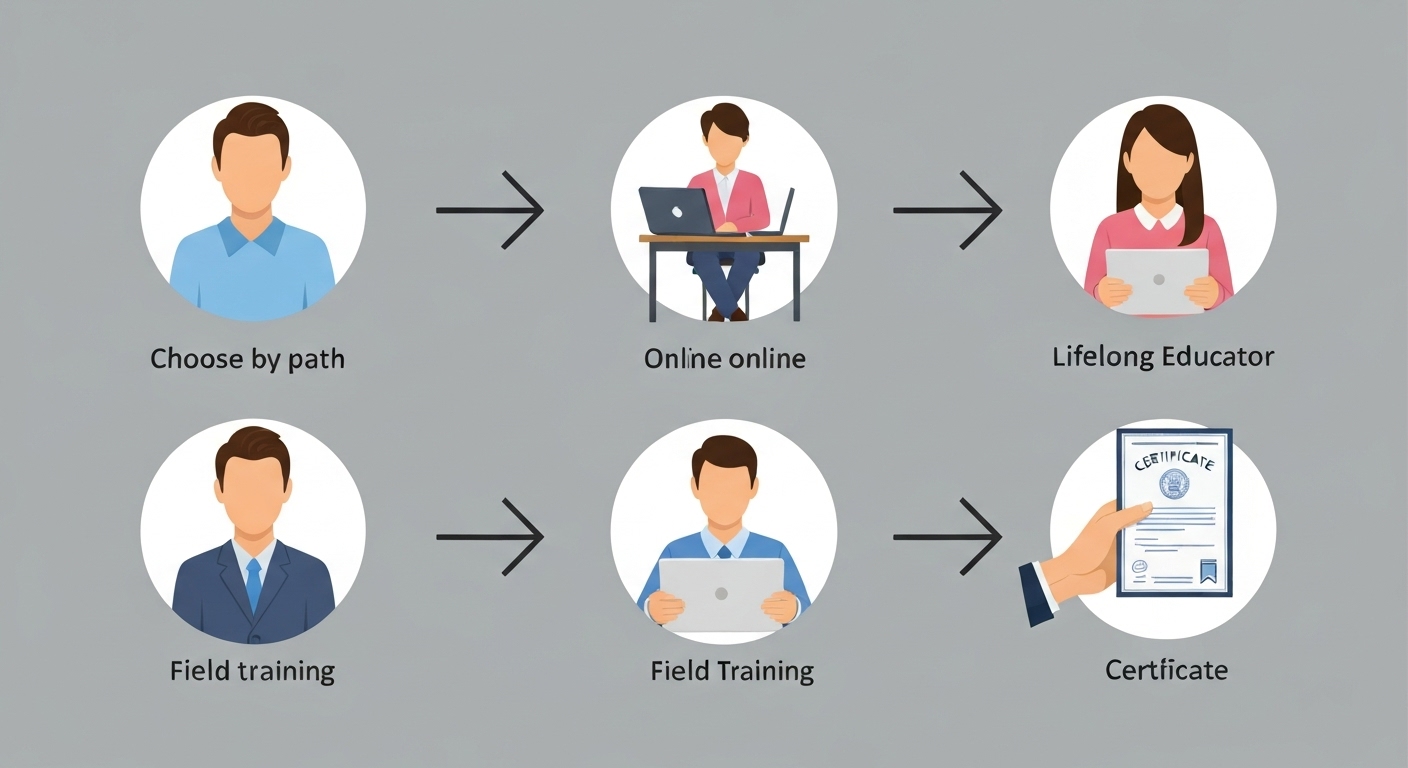 평생교육사 자격증 취득을 위한 단계별 과정을 시각적으로 보여주는 로드맵 이미지