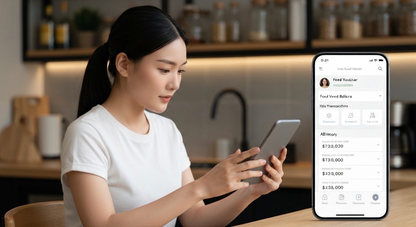 스마트폰 앱으로 농식품바우처 잔액과 이용 내역을 조회하는 모습