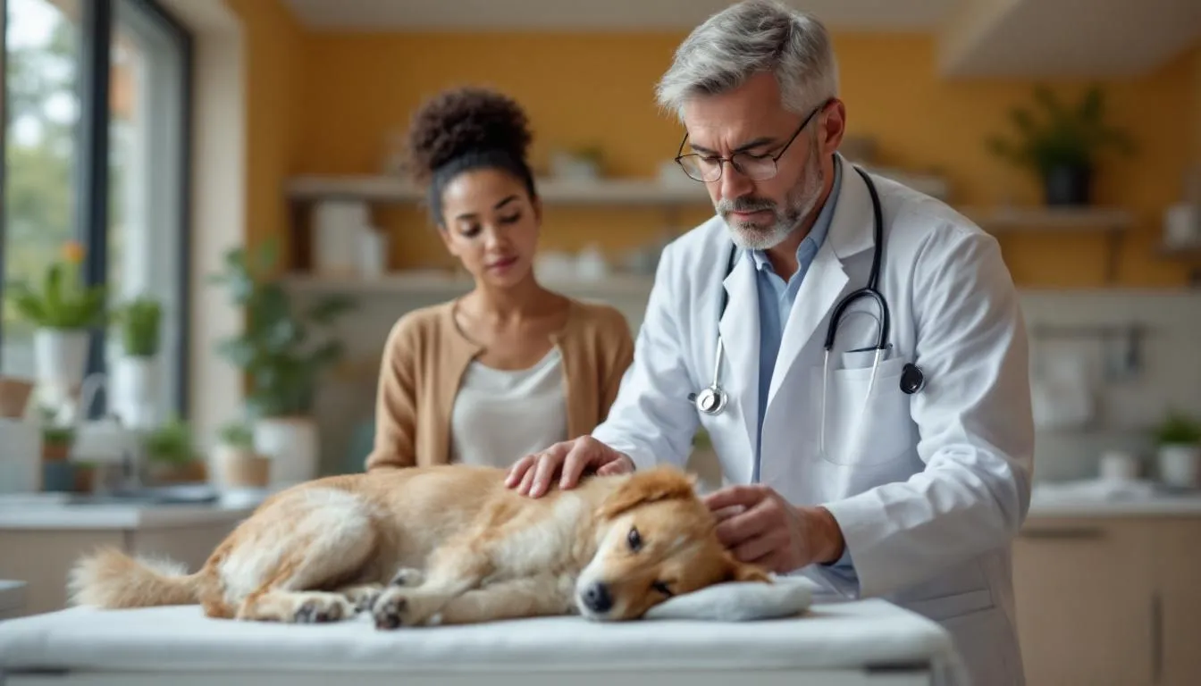 깨끗하고 현대적인 동물병원에서 수의사가 반려동물을 진료하는 모습.