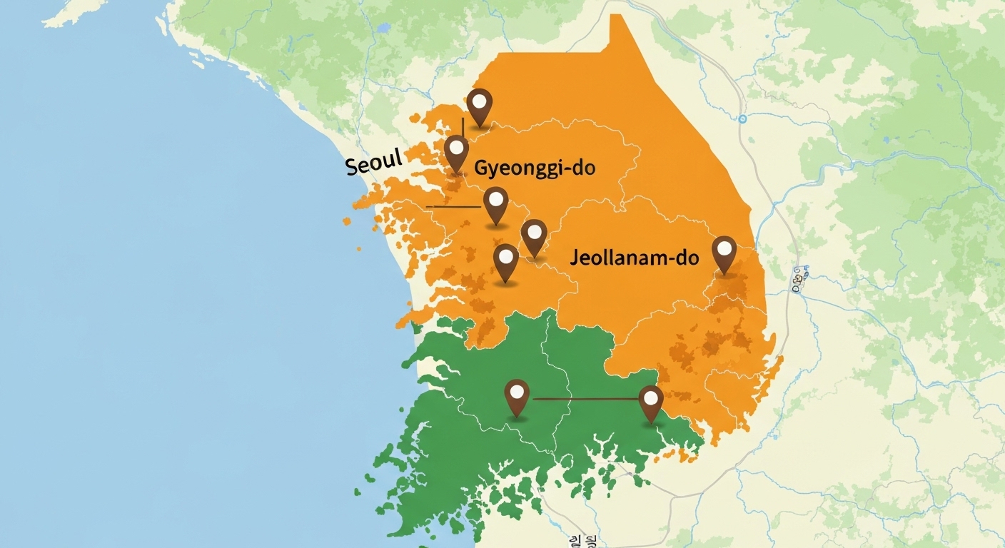 한국 지도에서 서울 경기도 전라남도 등 지역별 귀농 지원 정책의 차이를 보여주는 그림.