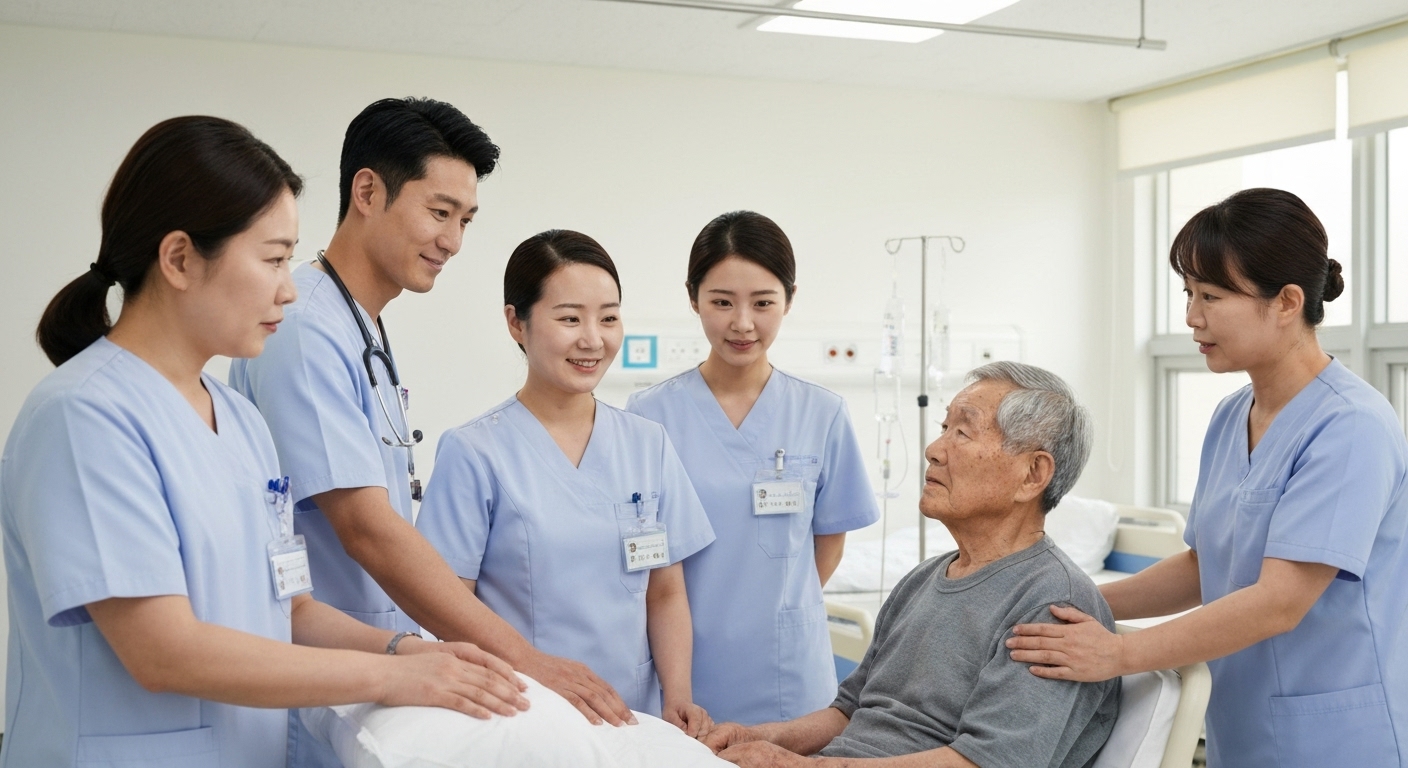 한국 병원의 간호간병통합서비스 병동에서 간호사와 간병인이 협력하며 환자를 돌보는 모습