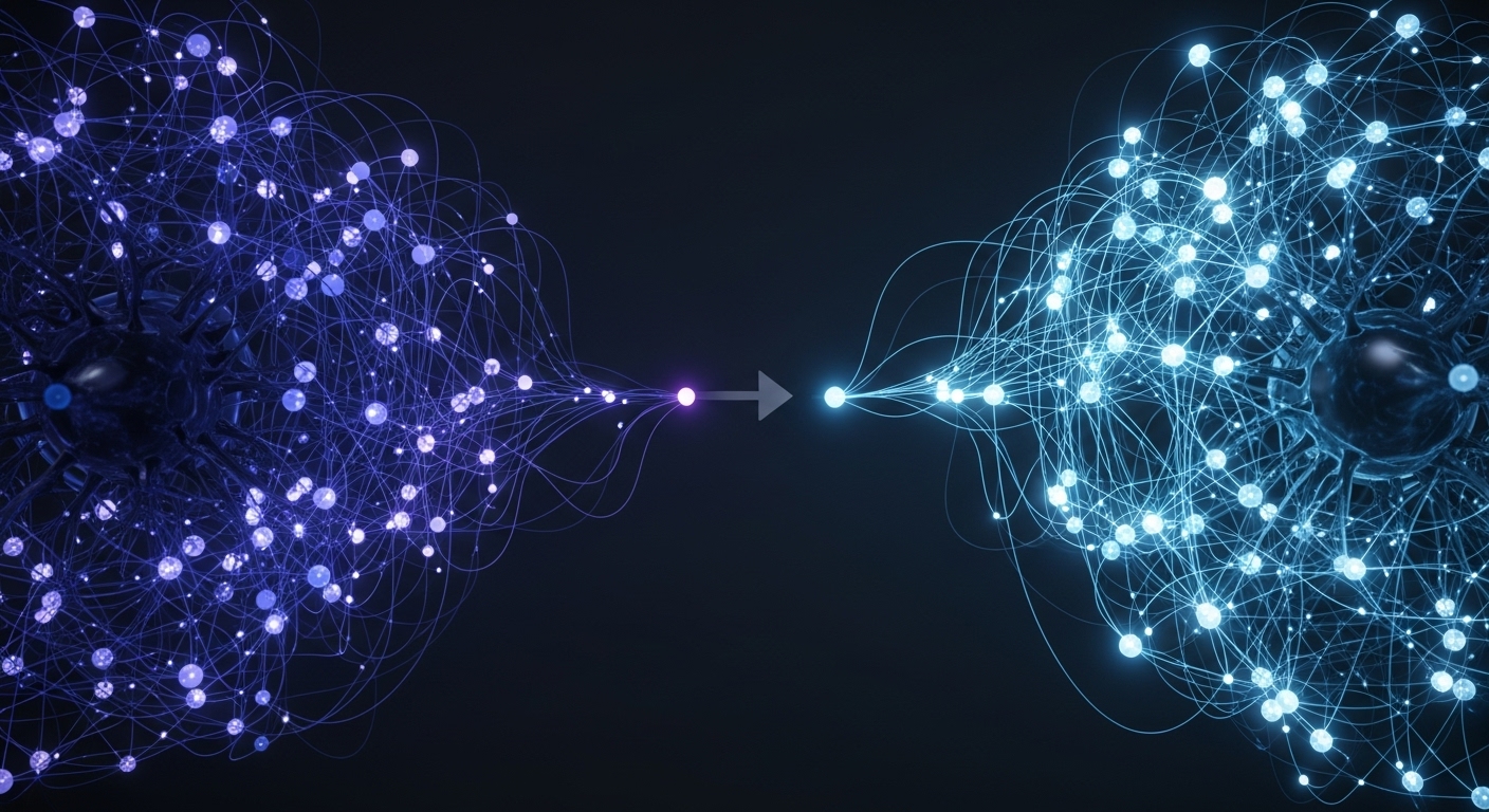 복잡한 신경망 그래프가 torch.compile을 통해 최적화되어 효율적으로 변하는 추상적인 이미지
