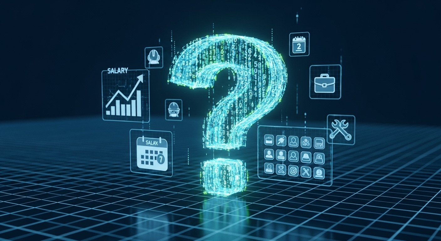 정보보안 취업에 대한 질문을 상징하는 거대한 물음표와 아이콘들