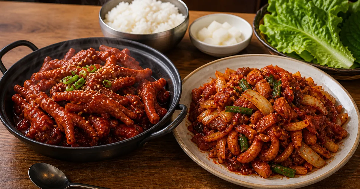 닭발과 오돌뼈 볶음을 한 상에 놓고 쫀득한 닭발과 잘게 볶은 오돌뼈 식감을 비교한 매운 한식 상차림