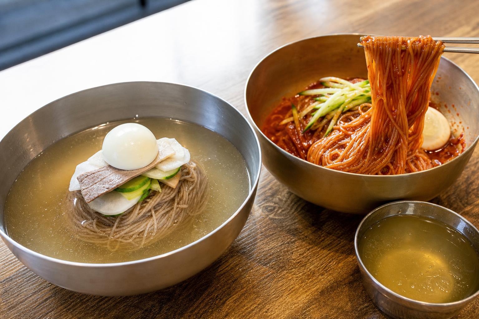 평양냉면 맑은 육수와 함흥냉면 매운 양념 면발을 함께 비교한 여름 점심 상차림