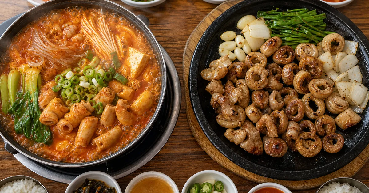 곱창전골 냄비와 곱창구이 철판을 나란히 두고 국물과 불향 식감 차이를 비교한 한식 점심 상차림