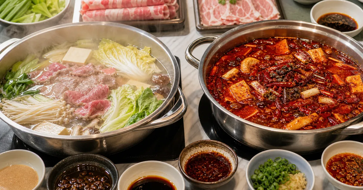 맑은 샤브샤브 냄비와 붉은 훠궈 냄비를 함께 놓고 육수와 소스 차이를 보여주는 점심 상차림