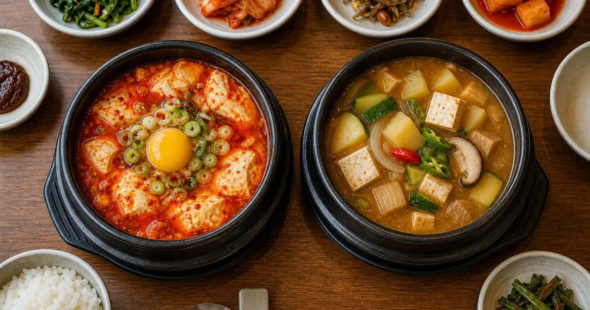 순두부찌개 재료와 된장찌개 재료를 위에서 나란히 비교한 점심 상차림