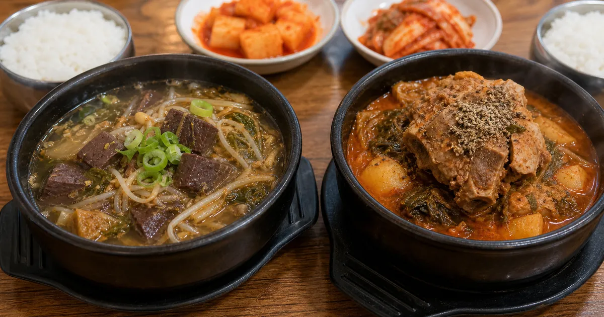 선지해장국 선지 큐브와 뼈해장국 돼지등뼈를 비교한 한식 국물 상차림