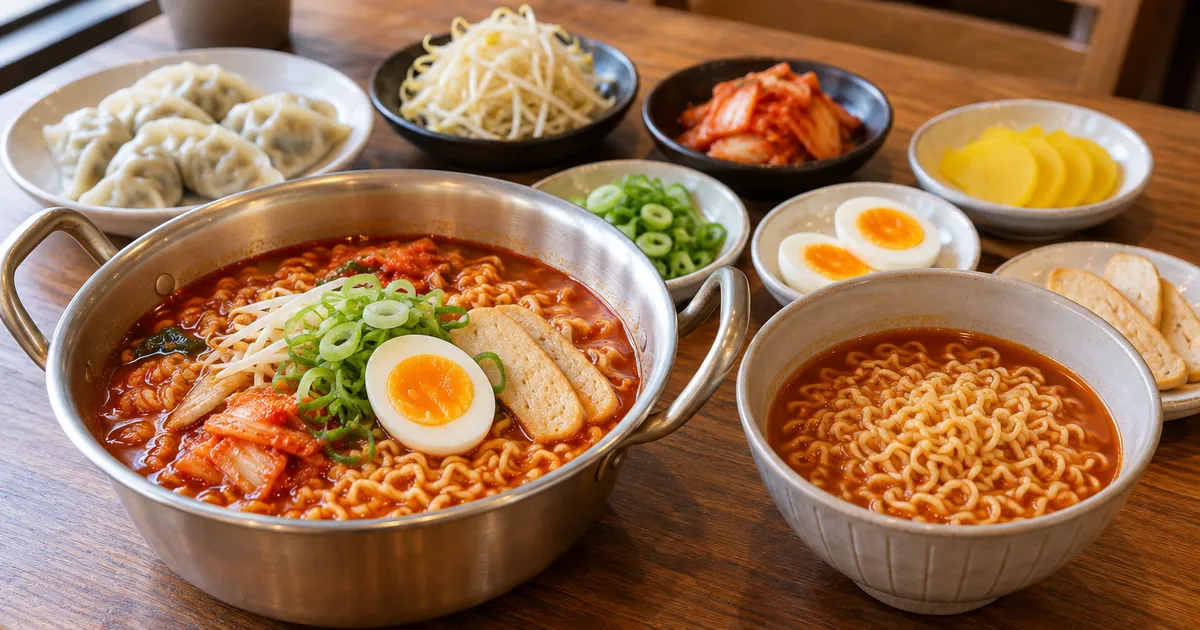 라면 냄비와 계란 파 김치 토핑을 함께 놓고 분식집라면과 즉석라면 재료 차이를 보여주는 상차림