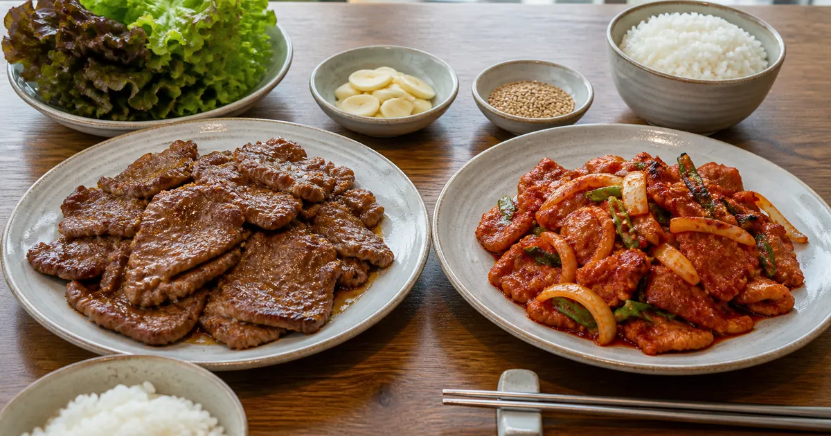 간장 양념 주물럭 스타일 고기와 매콤한 제육볶음을 나란히 둔 한식 점심 비교 상차림