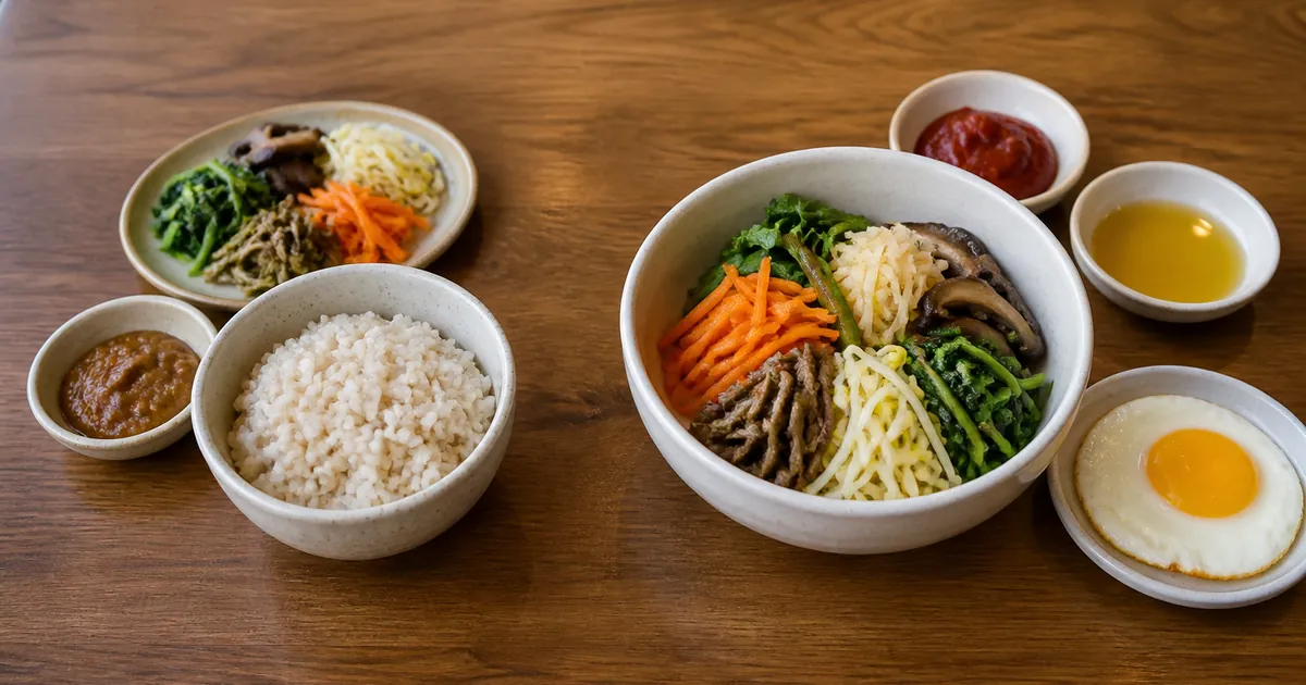 보리밥 한 그릇과 산채비빔밥 한 그릇을 나란히 놓고 곡물과 나물 구성을 비교한 한식 점심 상차림