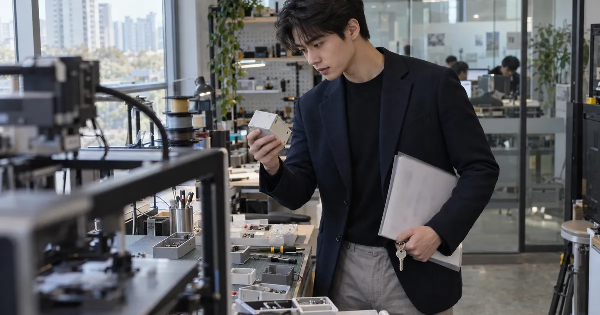 인천 청년 기술창업자가 공유 제작시설이 있는 창업지원센터 입주 공간을 살펴보는 예시 장면