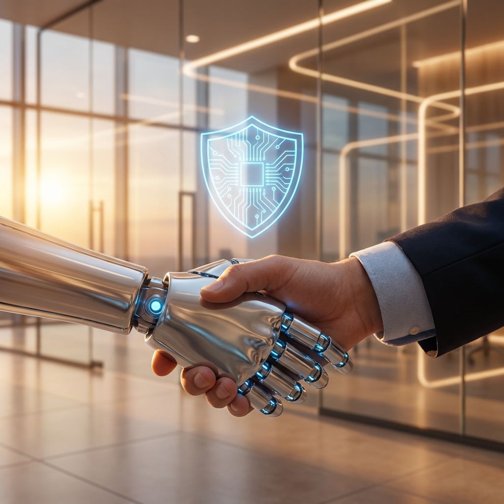 인간과 인공지능의 협업 및 AI 윤리 가이드라인 상징 이미지