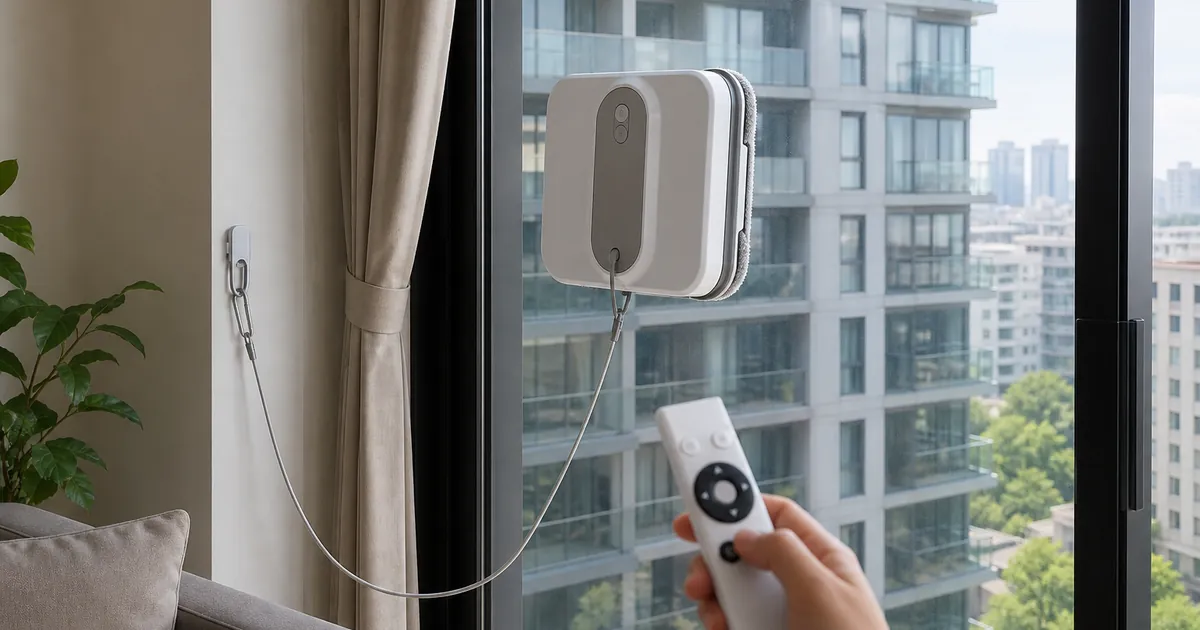 실내에서 안전줄을 고정한 창문 로봇청소기 사용 장면 예시