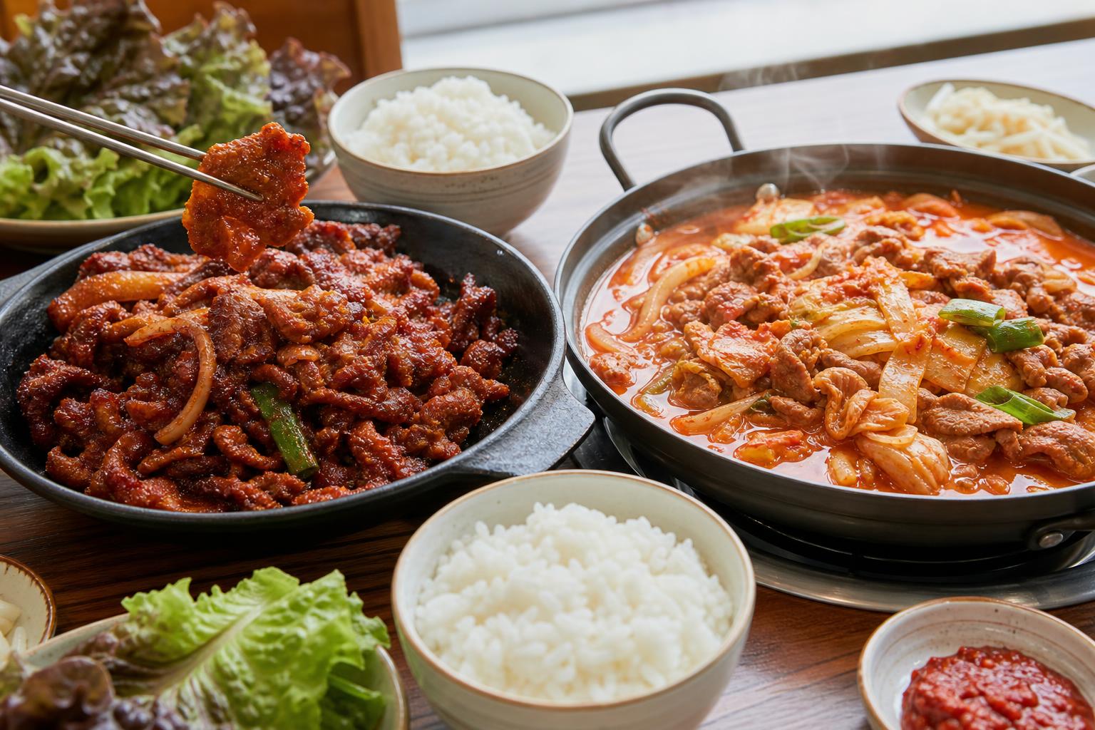 제육볶음 접시와 자작한 두루치기 팬을 함께 놓고 비교한 한식 점심 상차림