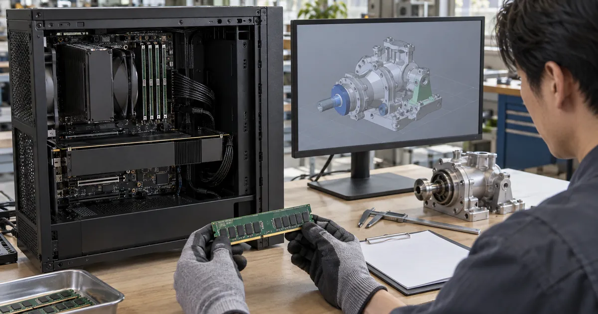 워크스테이션의 메모리 확장과 CAD 도면을 점검하는 엔지니어 예시 장면