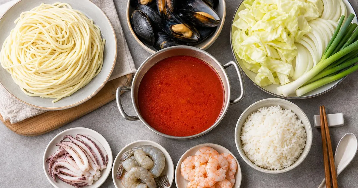 짬뽕 육수와 면, 밥, 해산물 재료를 나란히 놓고 비교한 중식 점심 준비 장면
