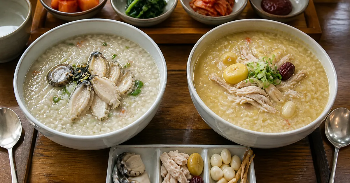전복죽과 삼계죽을 나란히 놓고 전복과 닭고기 고명 차이를 보여주는 한식 점심 상차림