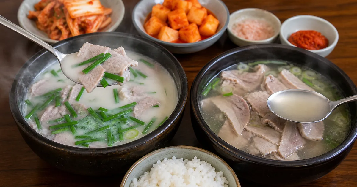 부산 돼지국밥과 밀양 돼지국밥의 국물 색과 돼지고기 수육 차이를 보여주는 한식 점심 상차림