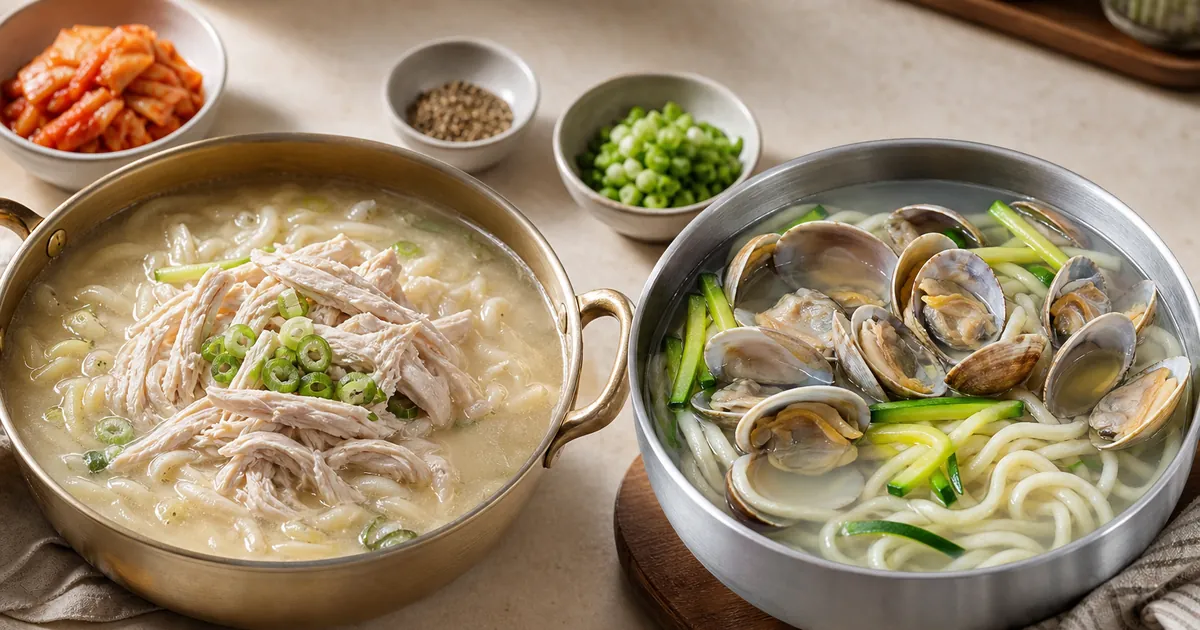 닭칼국수 재료와 바지락칼국수 재료를 나누어 비교한 한식 조리 장면