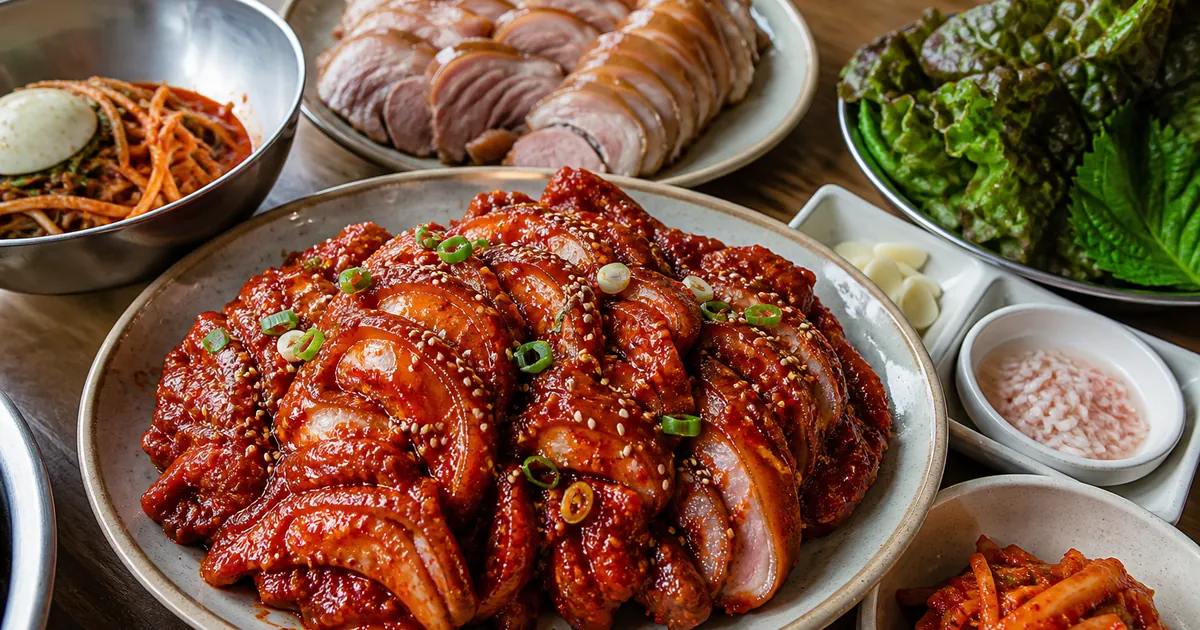 불족발과 기본 족발을 한 상에 놓고 매운 양념과 담백한 살결 차이를 비교한 점심 상차림