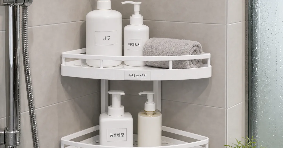 욕실 코너에 무타공 2단 선반을 설치해 샴푸와 바디워시를 정리한 사용 장면 예시