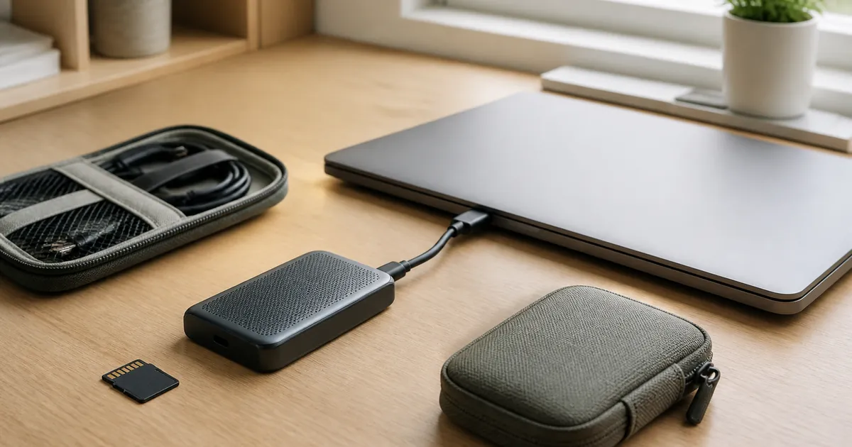 노트북 옆 USB-C 케이블로 연결한 외장 SSD 사용 장면 예시