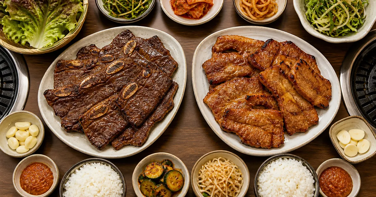 LA갈비와 돼지갈비를 한 상에 놓고 양념 색과 뼈 단면 차이를 비교한 점심 상차림