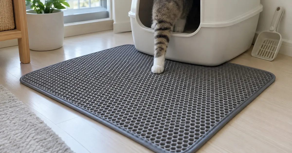 고양이 화장실 앞 모래매트가 발바닥 모래를 받아내는 사용 장면 예시