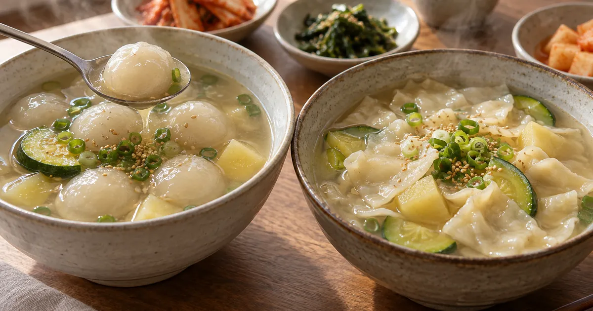 둥근 감자 옹심이와 납작한 수제비 반죽을 나란히 보여주는 한식 점심 국물 상차림