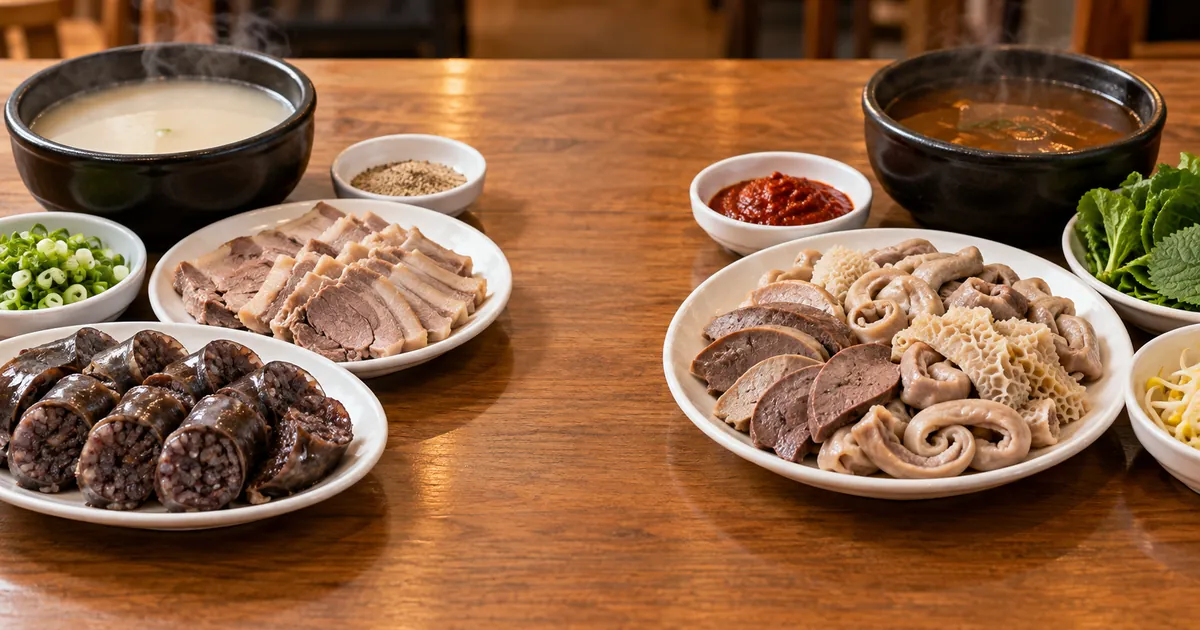 순대와 머릿고기, 내장 부위를 나란히 놓고 순대국과 내장탕 재료를 비교한 점심 상차림
