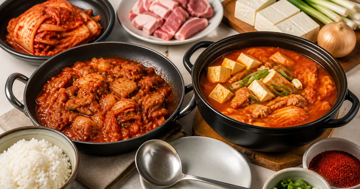짜글이와 김치찌개 냄비를 함께 놓고 돼지고기와 김치, 두부 재료 차이를 보여주는 한식 조리 비교 장면