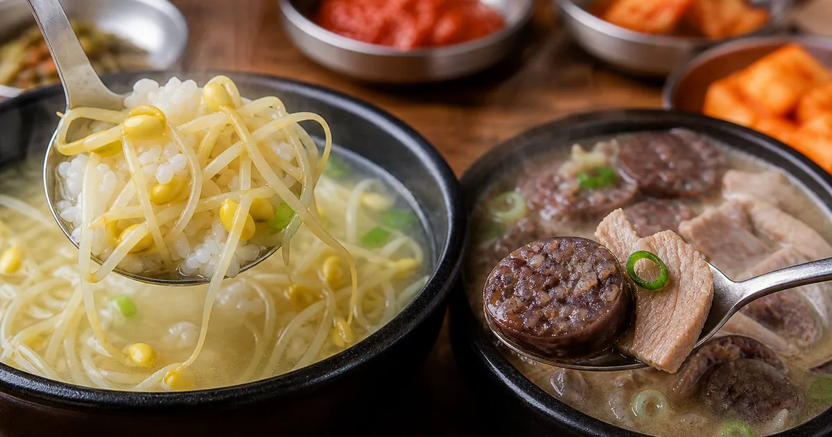 콩나물국밥의 아삭한 콩나물과 순대국밥의 순대 건더기를 가까이 비교한 국밥 점심 상차림