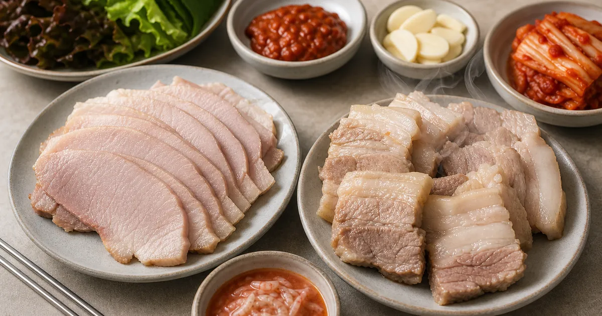 얇게 식힌 편육과 따뜻한 수육을 양념장과 채소 곁들임으로 비교한 한식 점심 상차림