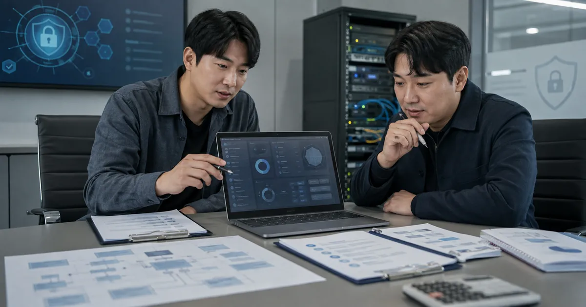 모의해킹 비용 산정 회의와 웹 앱 보안 진단 범위 검토 장면