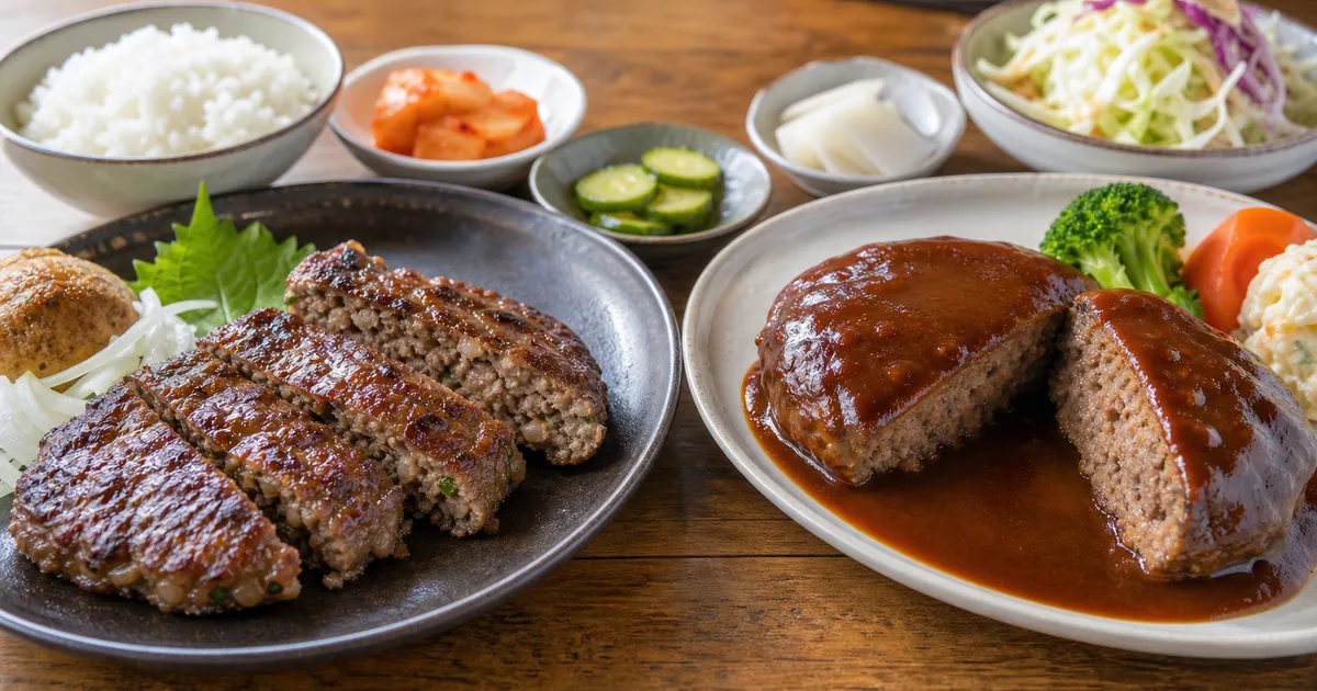 떡갈비 구이와 브라운 소스를 올린 함박스테이크 단면을 비교한 점심 상차림
