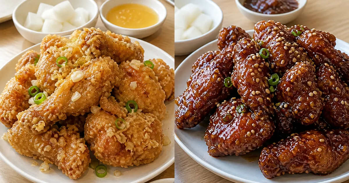 마늘 토핑 치킨과 간장 소스 치킨을 나란히 놓고 튀김옷과 윤기 차이를 비교한 점심 상차림