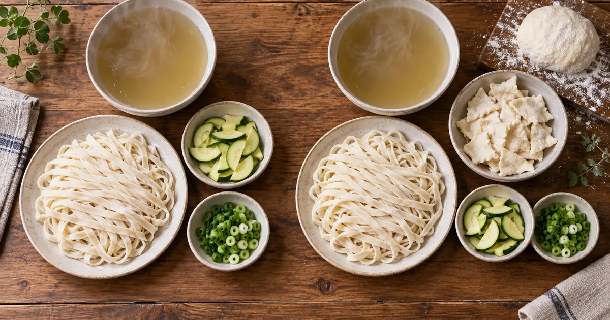 칼국수 면과 손수제비 반죽 조각을 함께 놓고 칼제비와 칼국수 차이를 보여주는 한식 테이블